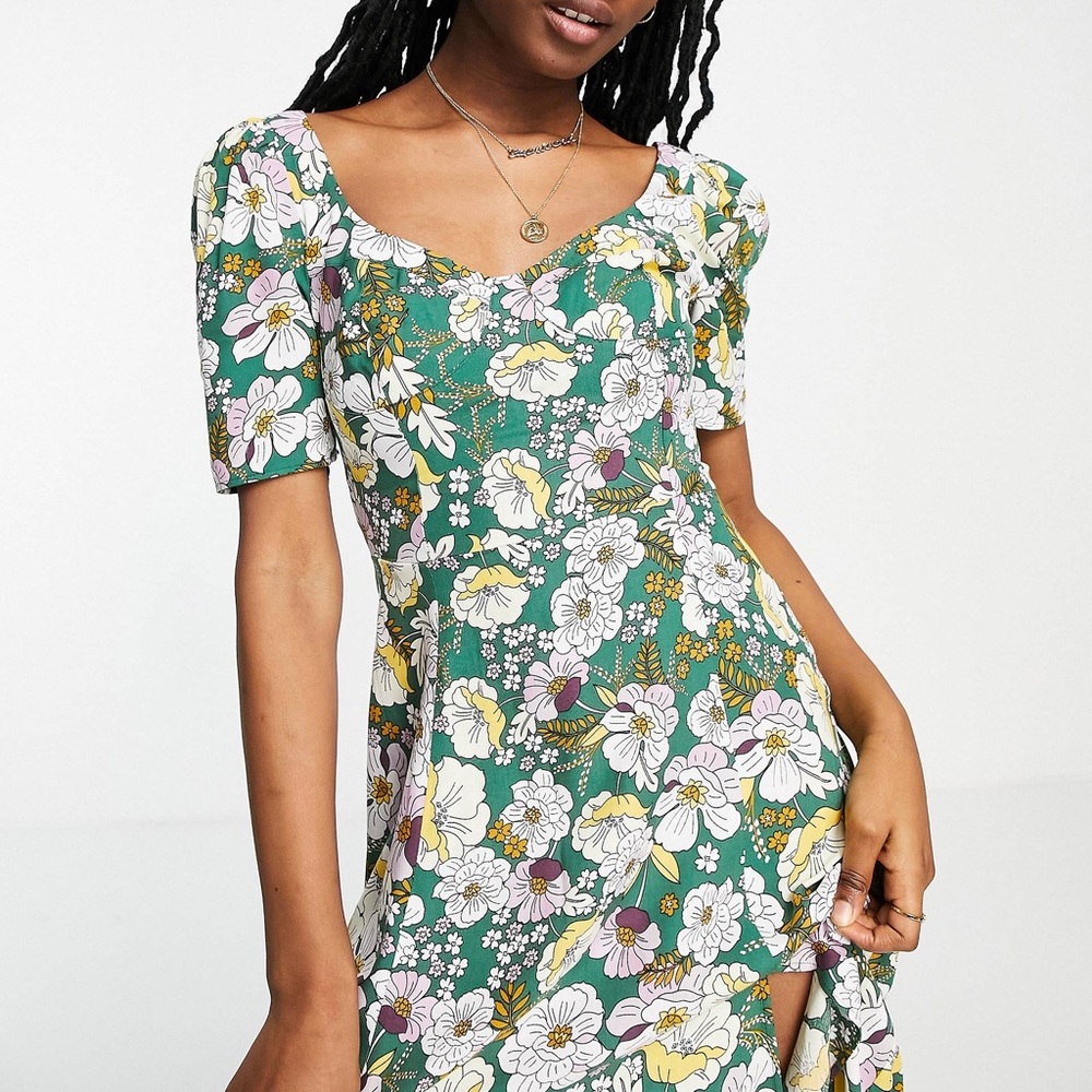 ASOS Midi Dress Size 2 Green Floral Puff Sleeve Spring Summer Bohemian Easter - Picture 3 of 11